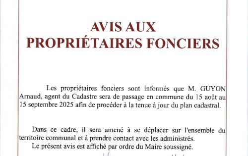 avis aux propriétaires fonciers - visite des services du cadastre