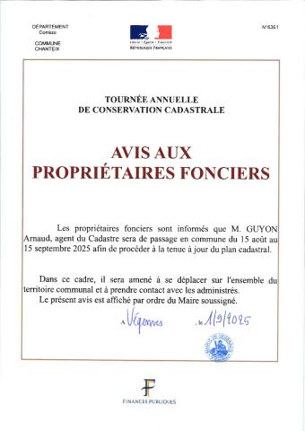 avis aux propriétaires fonciers - visite des services du cadastre